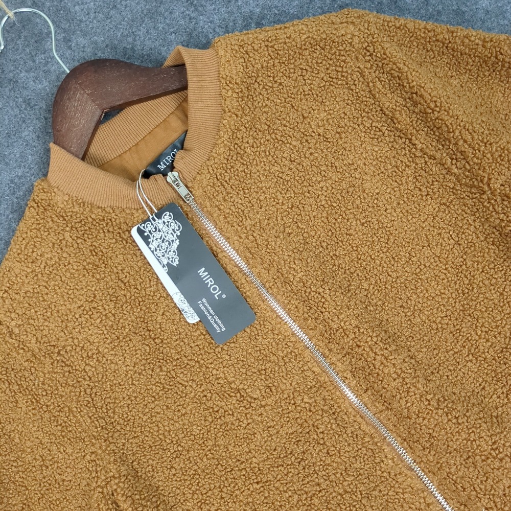 MIROL Womens Teddy Bomber Jacket Camel Brown Faux Fur Sherpa Full Zip Small NWT